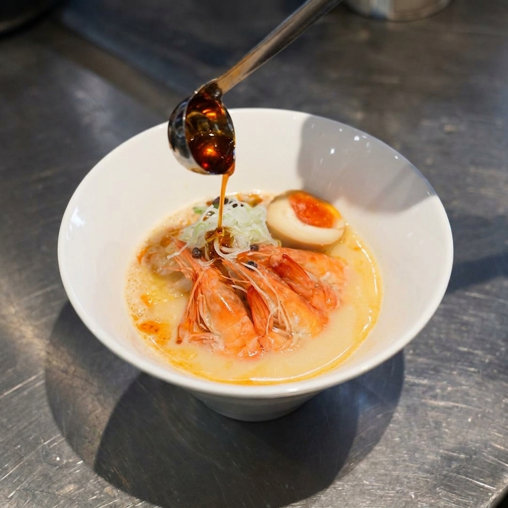 Un mestolino versa olio rosso aromatico sopra una ciotola finita di ramen ai gamberi.
