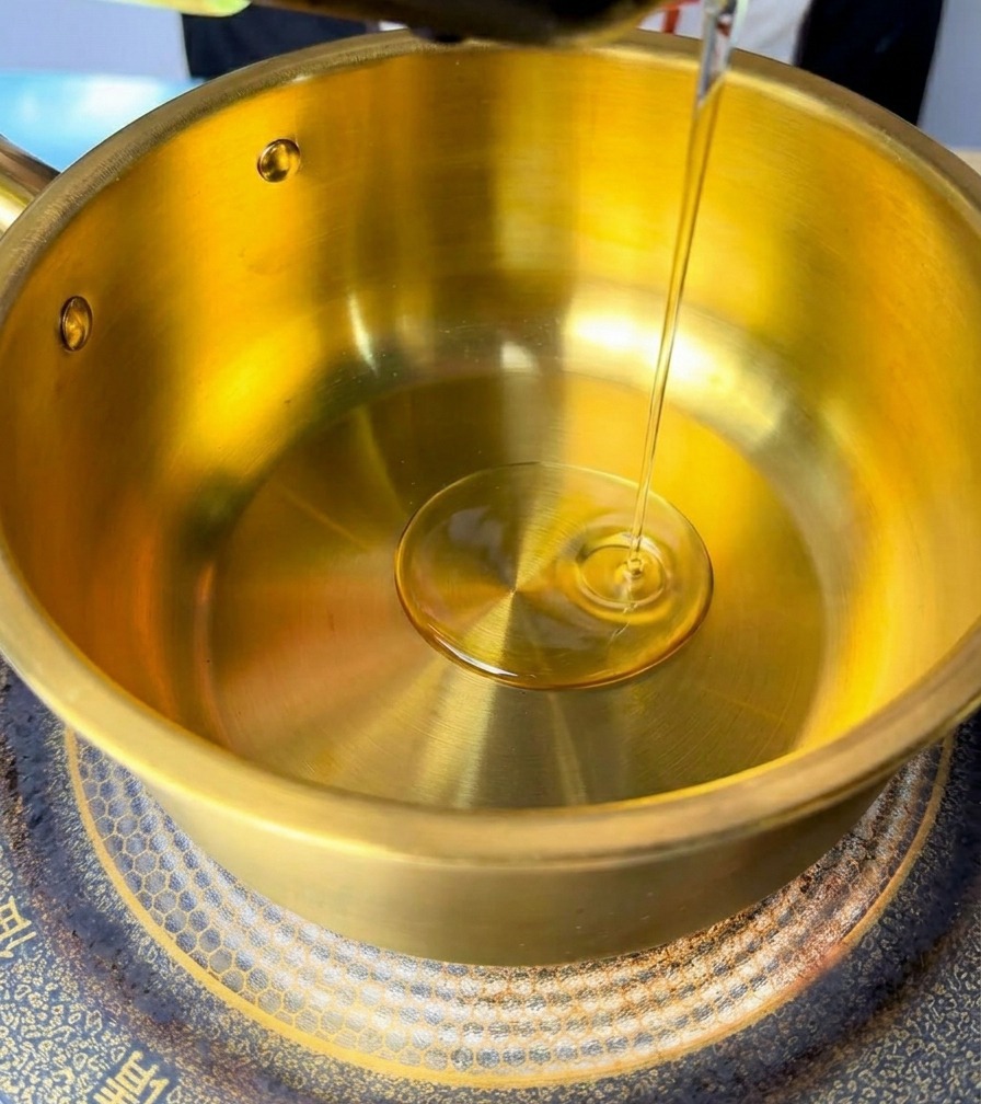 Un filo dolio versato in una pentola di ottone dorato su un piano a induzione.
