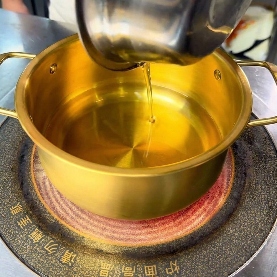 Cipollotti tritati e aglio versati nellolio caldo allinterno di una pentola dorata.