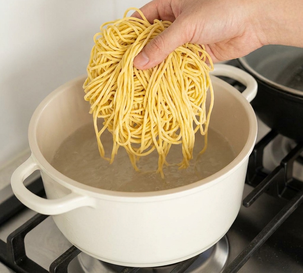 Una mano cala un nido di ramen gialli freschi in una pentola bianca di acqua bollente.