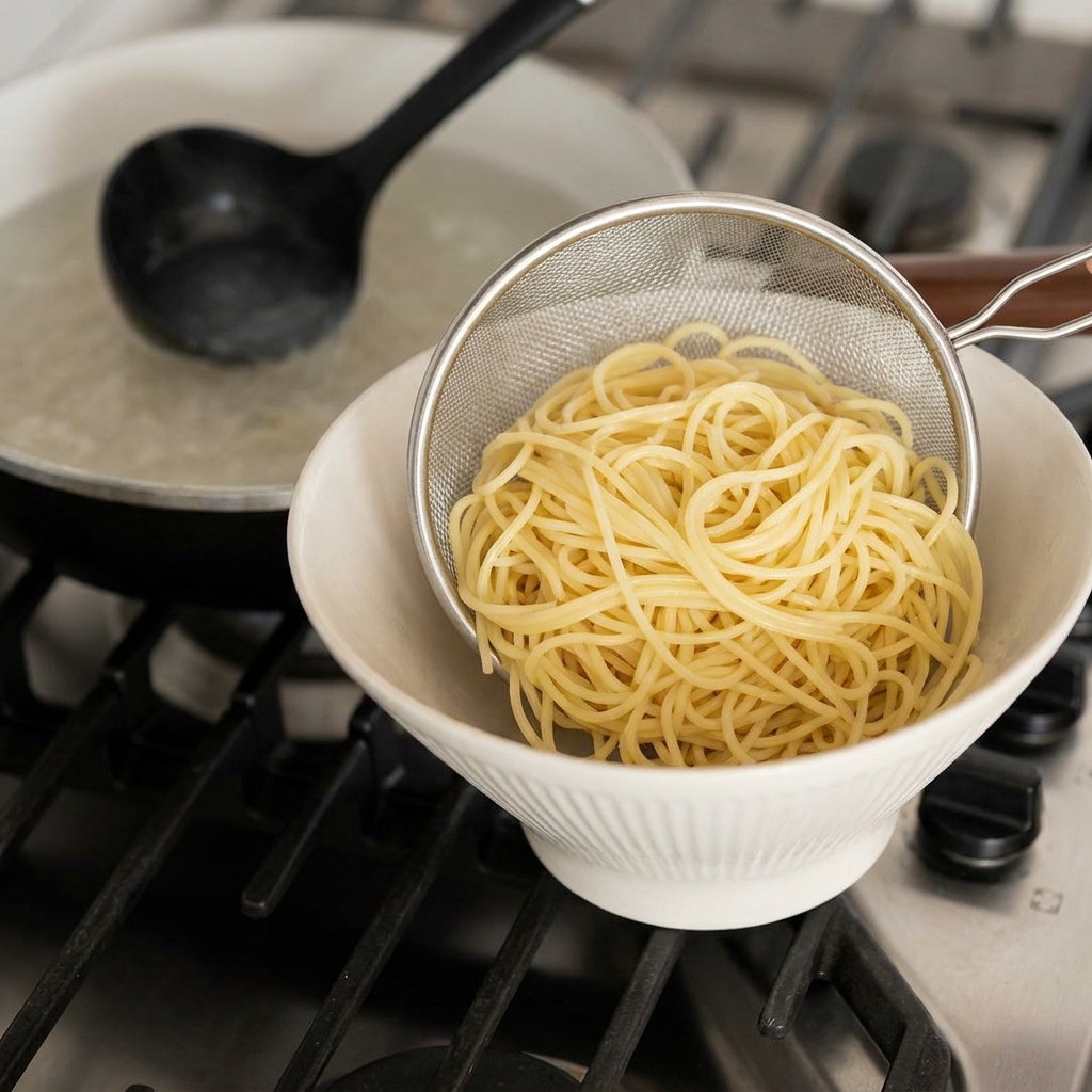 Noodles gialli scolati con un colino a rete e adagiati in una ciotola di ceramica bianca.