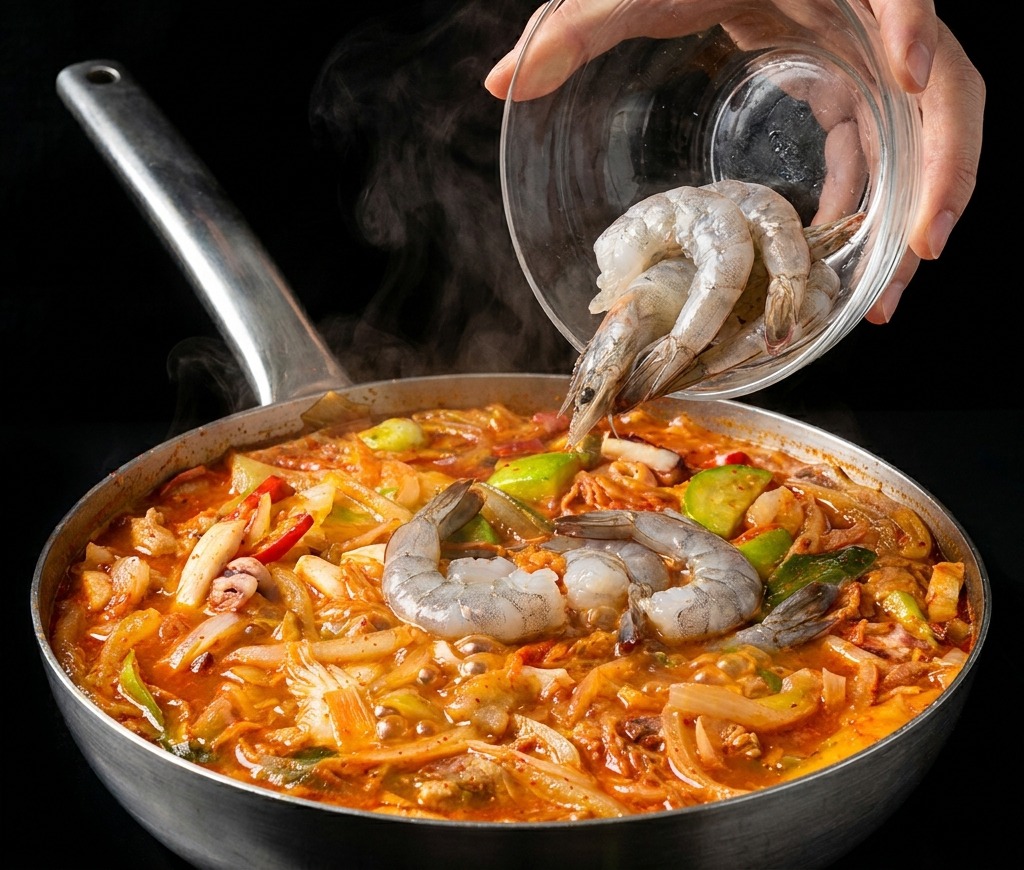 Gamberi grigi freschi aggiunti da una ciotola a una pentola di Jjamppong con verdure e calamari.