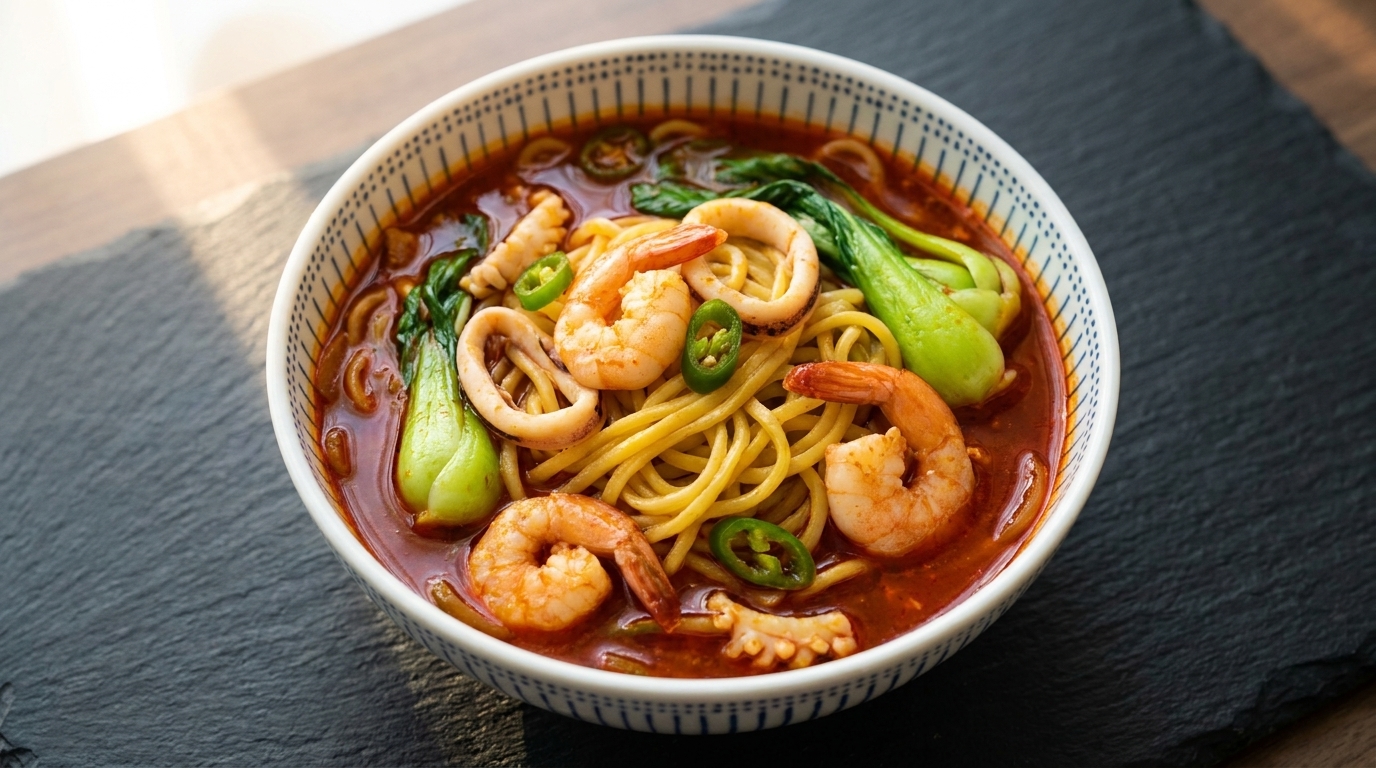 Jjamppong: Zuppa di Noodles Coreana Piccante ai Frutti di Mare