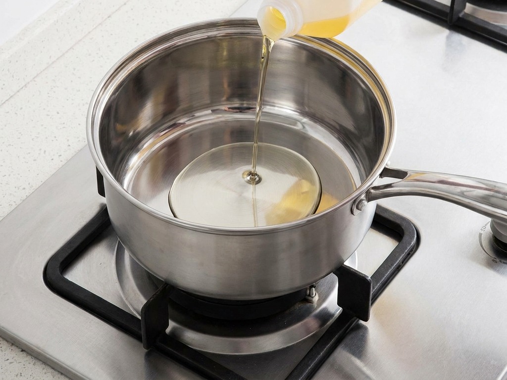 Olio di semi versato in una pentola di acciaio inossidabile su un fornello a gas.