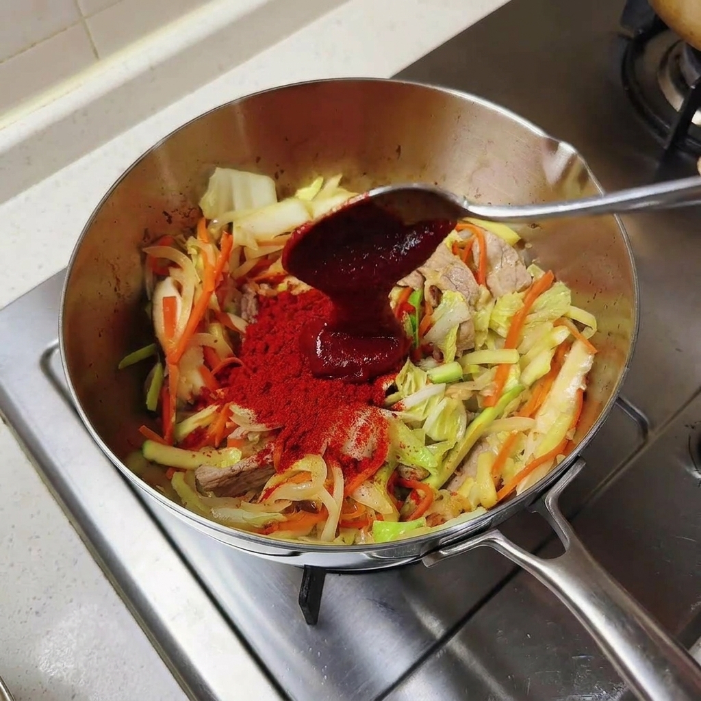 Un cucchiaio di pasta Gochujang rossa scura aggiunto alle verdure saltate.