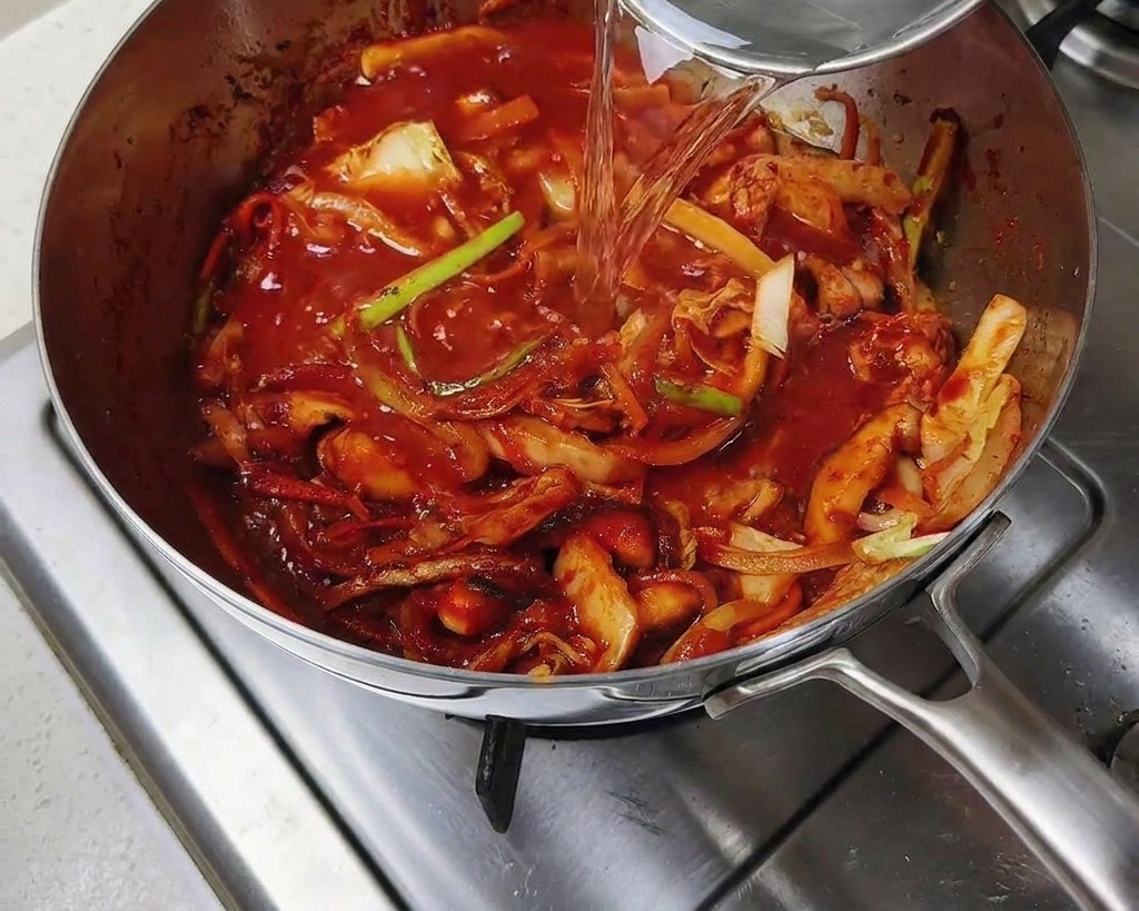 Acqua versata da un mestolo in una pentola con il soffritto rosso di maiale e verdure.