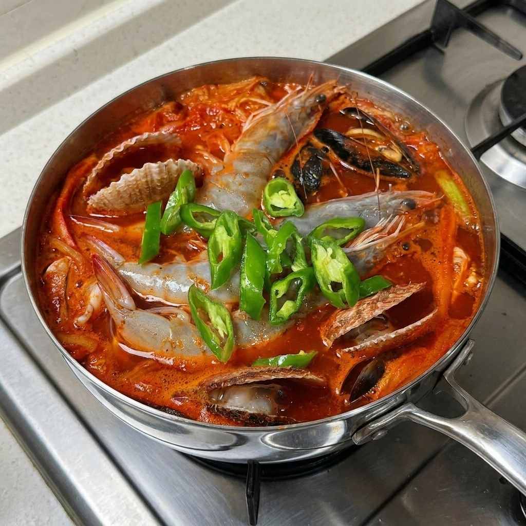 Peperoncini verdi affettati distribuiti sopra gamberi e cozze nella zuppa bollente.