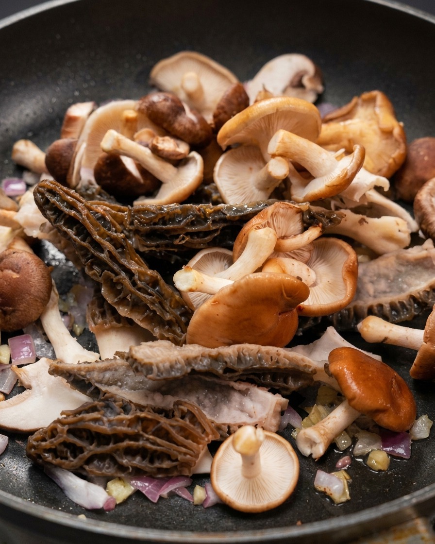 Varietà di funghi tra cui spugnole e shiitake saltati con cipolle rosse in padella.