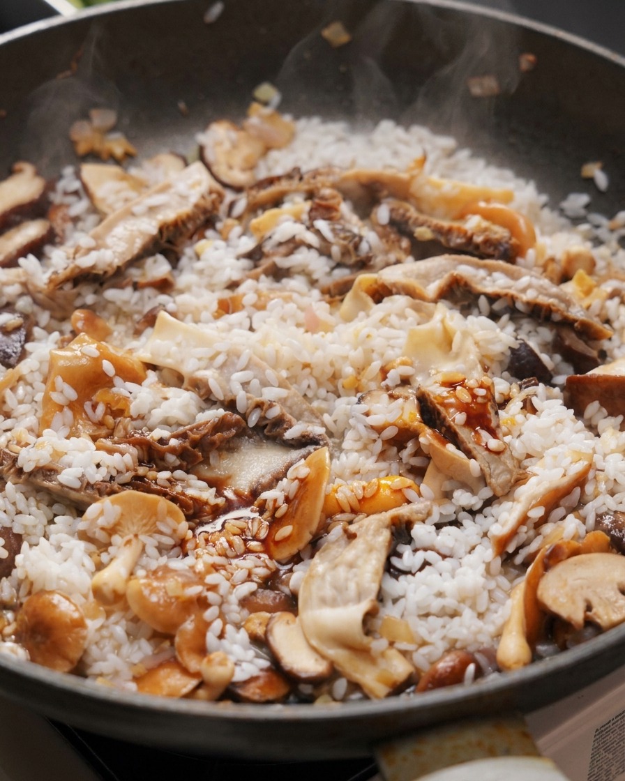 Salsa di soia chiara versata sopra una miscela di riso bianco e funghi misti in una grande padella.