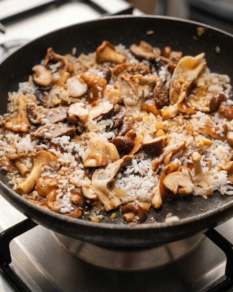 Una spatola che mescola riso bianco, funghi e condimenti in una padella sul fornello.