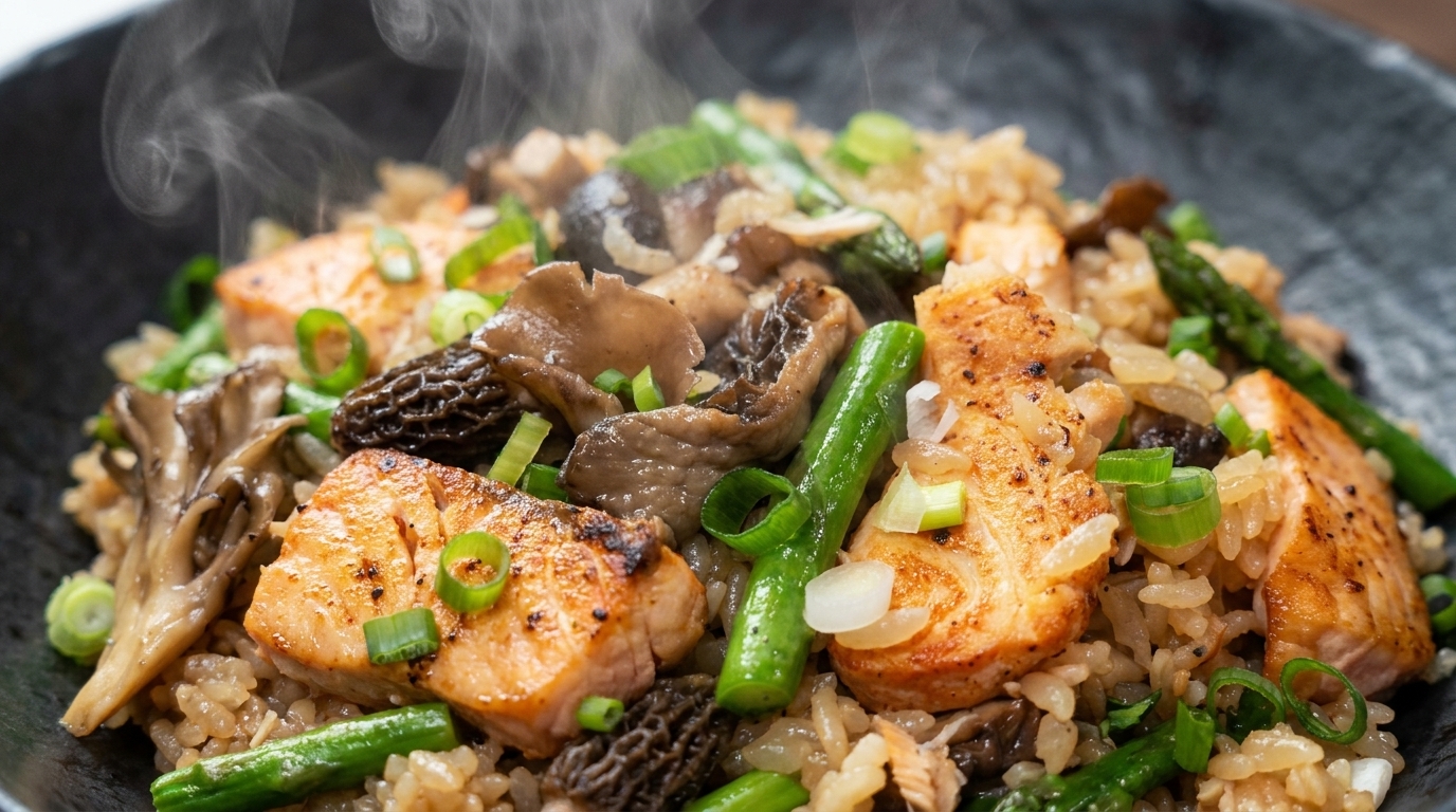 Riso ai Funghi Spugnole e Salmone in Pentola Unica