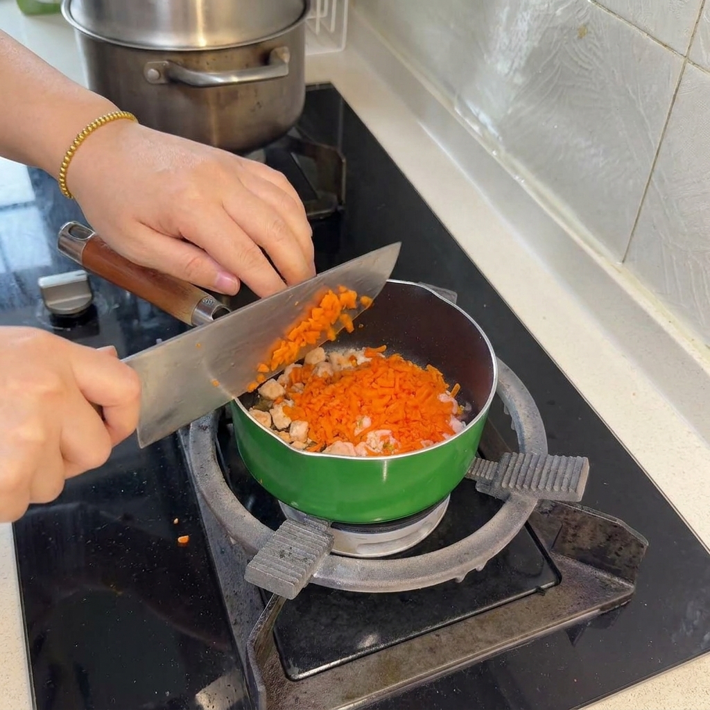 Carote tritate finemente spostate con la lama di un coltello nella padella verde contenente i pezzetti di salmone cotto.