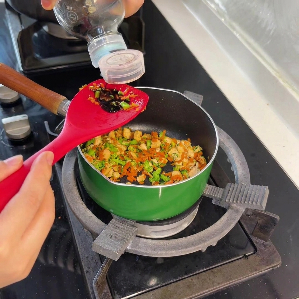 Salsa di soia chiara versata da una bottiglia su una spatola in silicone rosso tenuta sopra gli ingredienti in cottura.