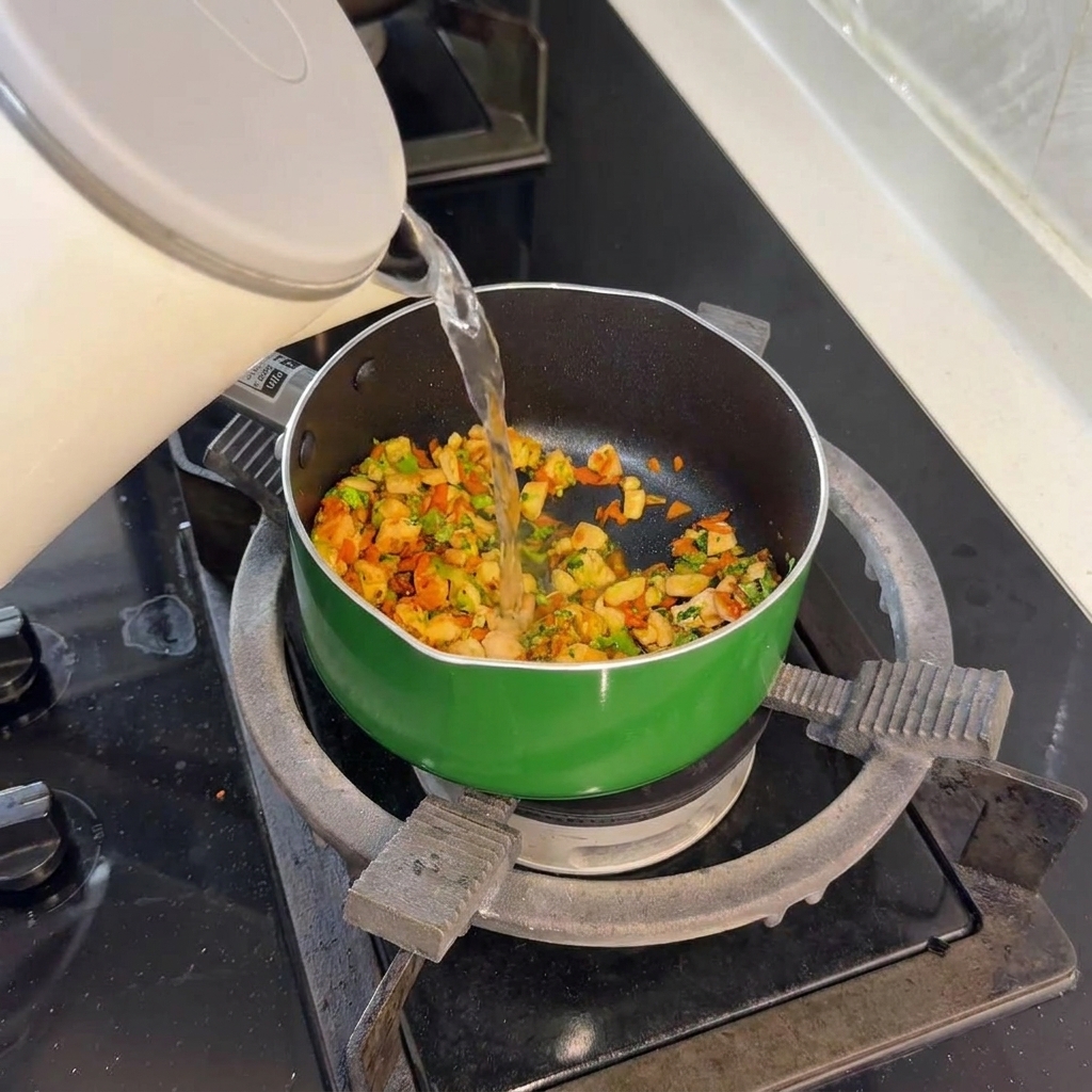 Un sottile filo di acqua limpida versato da un bollitore bianco nella padella con salmone e verdure.