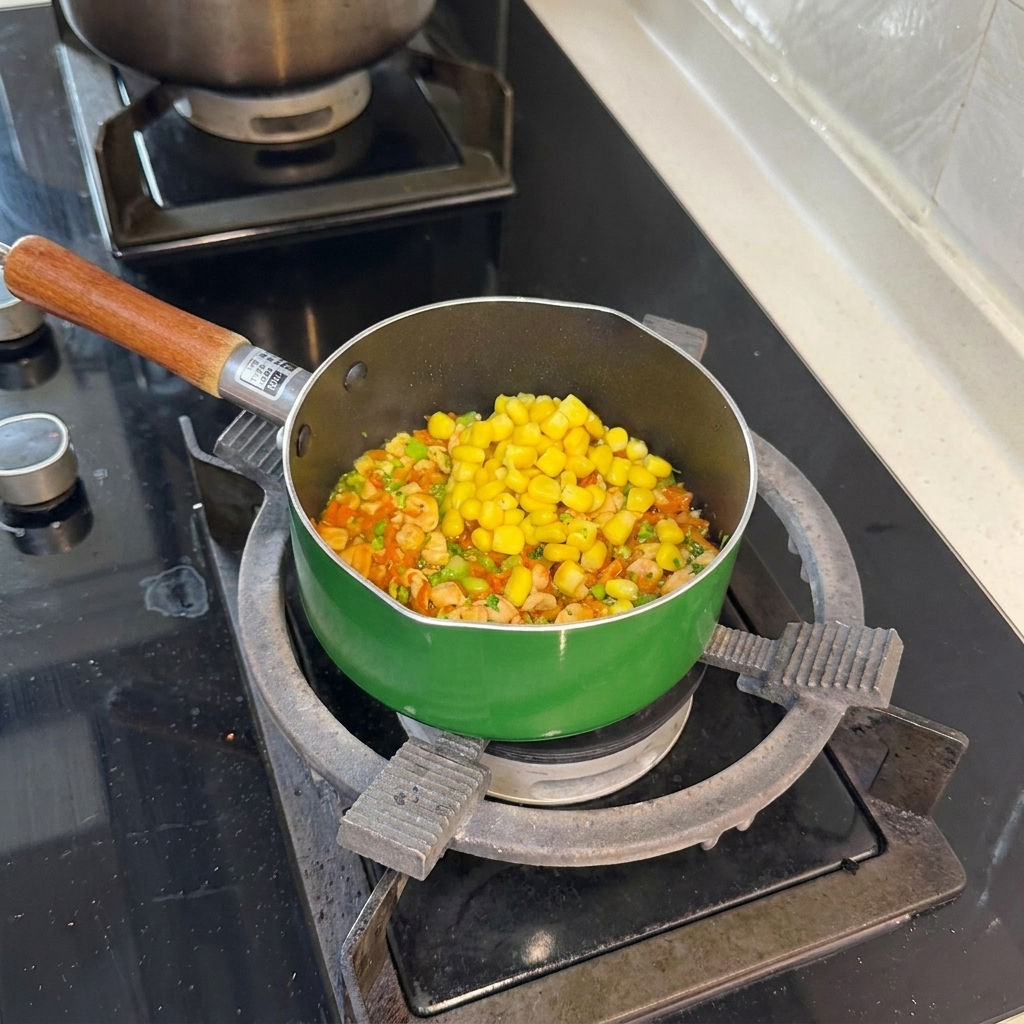 Un mucchietto di chicchi di mais giallo sbollentati sopra il composto di salmone, carote e broccoli nella padella verde.