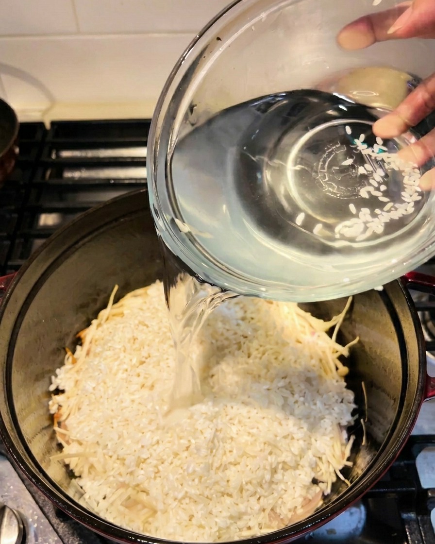 Acqua versata da una ciotola di vetro in una pentola con riso e funghi enoki.