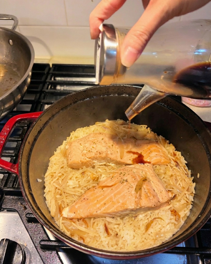 Salsa di soia versata da una bottiglietta di vetro trasparente sul riso e sui filetti di salmone appena cotti.