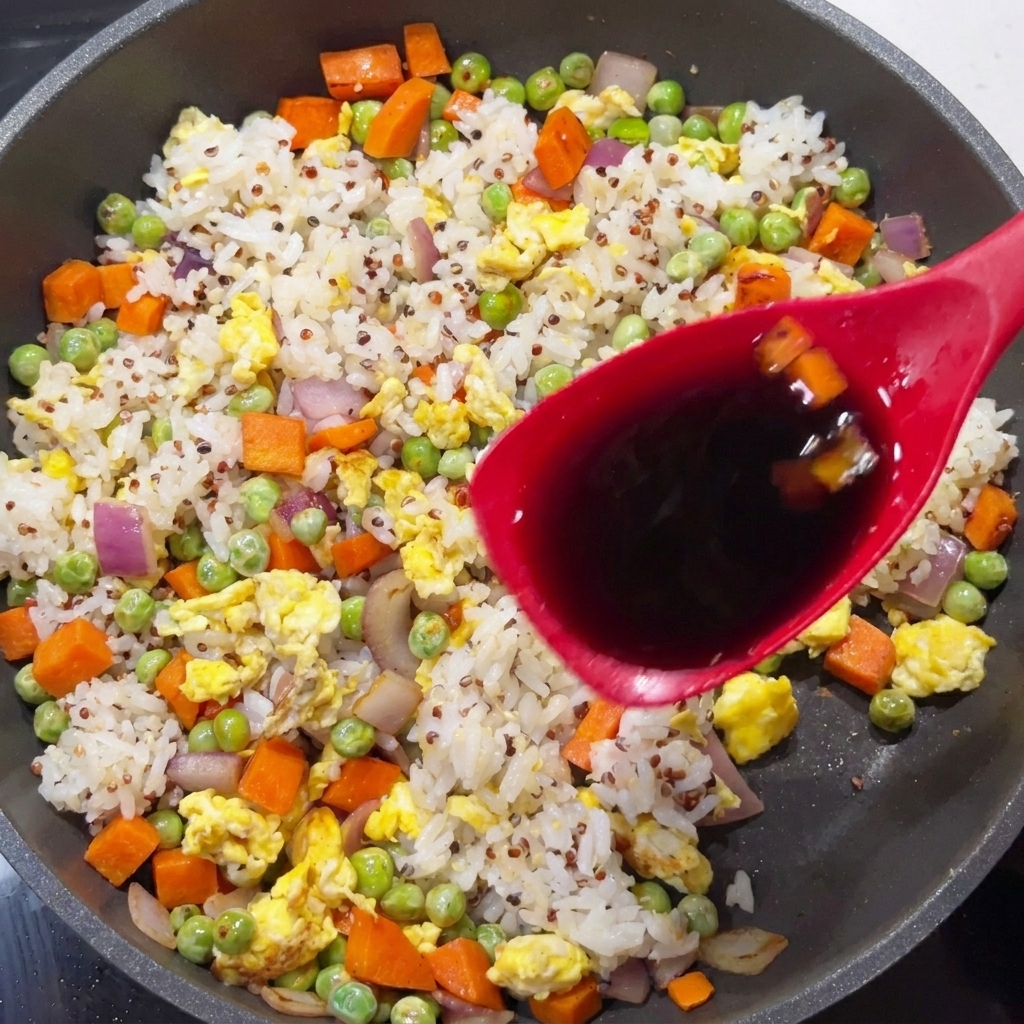 Un cucchiaio rosso versa salsa di soia su un mix di riso, quinoa e verdure.