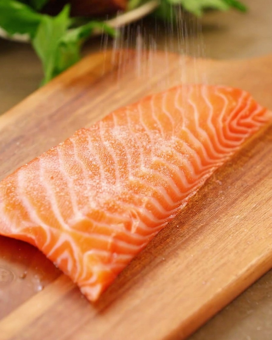 Sale marino spolverato su un filetto di salmone fresco e crudo su un tagliere di legno.