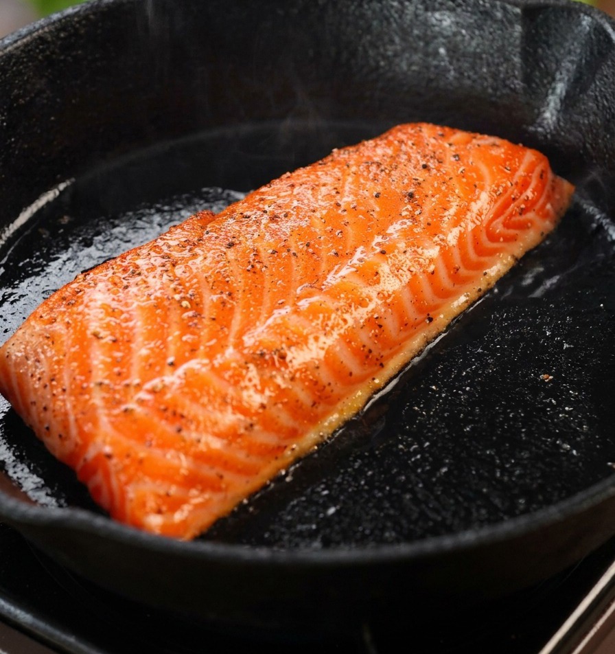 Un filetto di salmone condito che rosola in una padella di ghisa calda, con la superficie che diventa dorata.