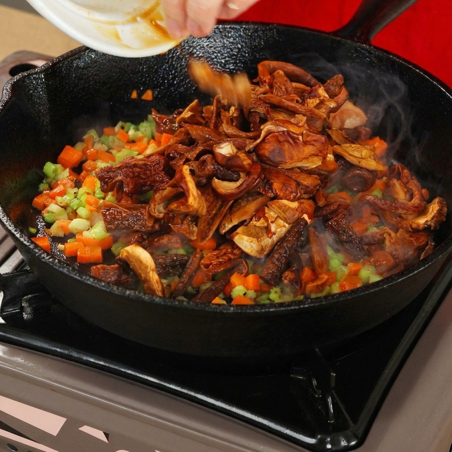 Funghi aggiunti da un piatto in una padella con carote e sedano tritati.