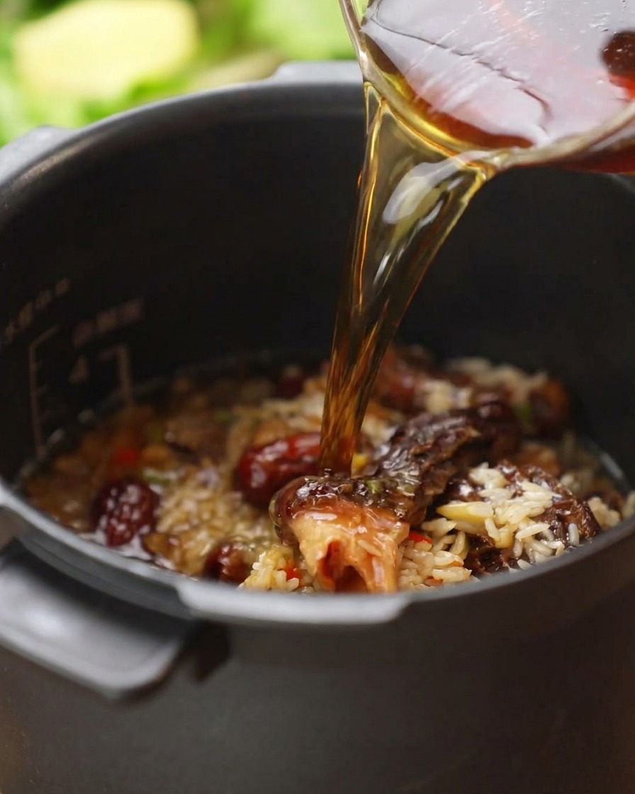 Brodo aromatico versato da un misurino di vetro nel cuociriso pieno di riso, spugnole e verdure.