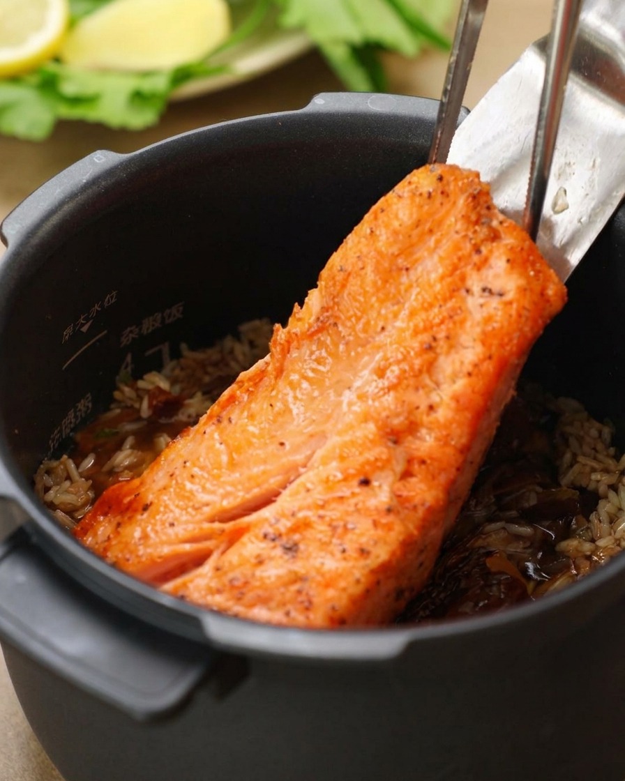 Un grande filetto di salmone dorato adagiato con pinze metalliche nel cuociriso sopra il riso e i funghi.