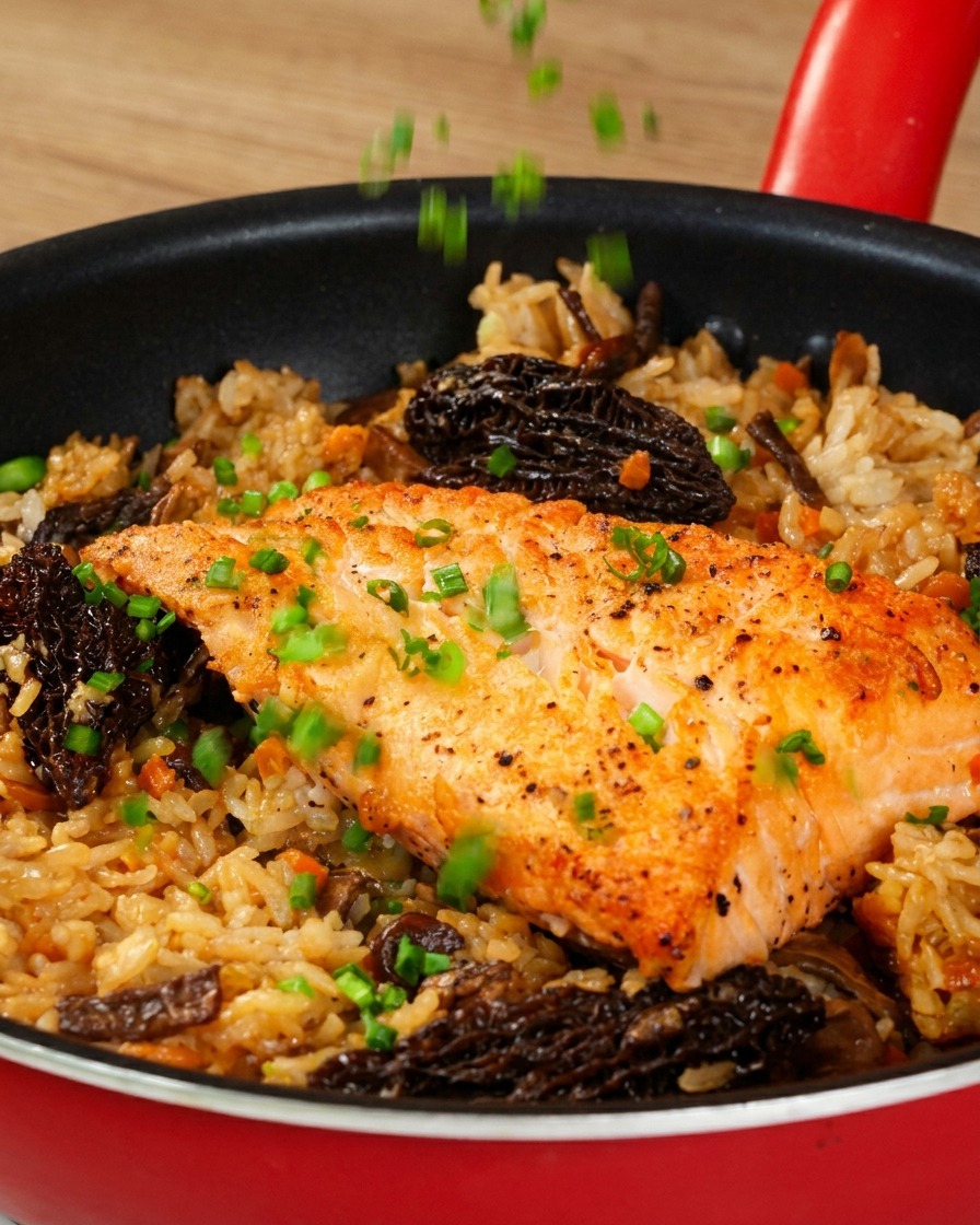 Cipollotti freschi tritati spolverati sopra il piatto finito di salmone e riso ai funghi.