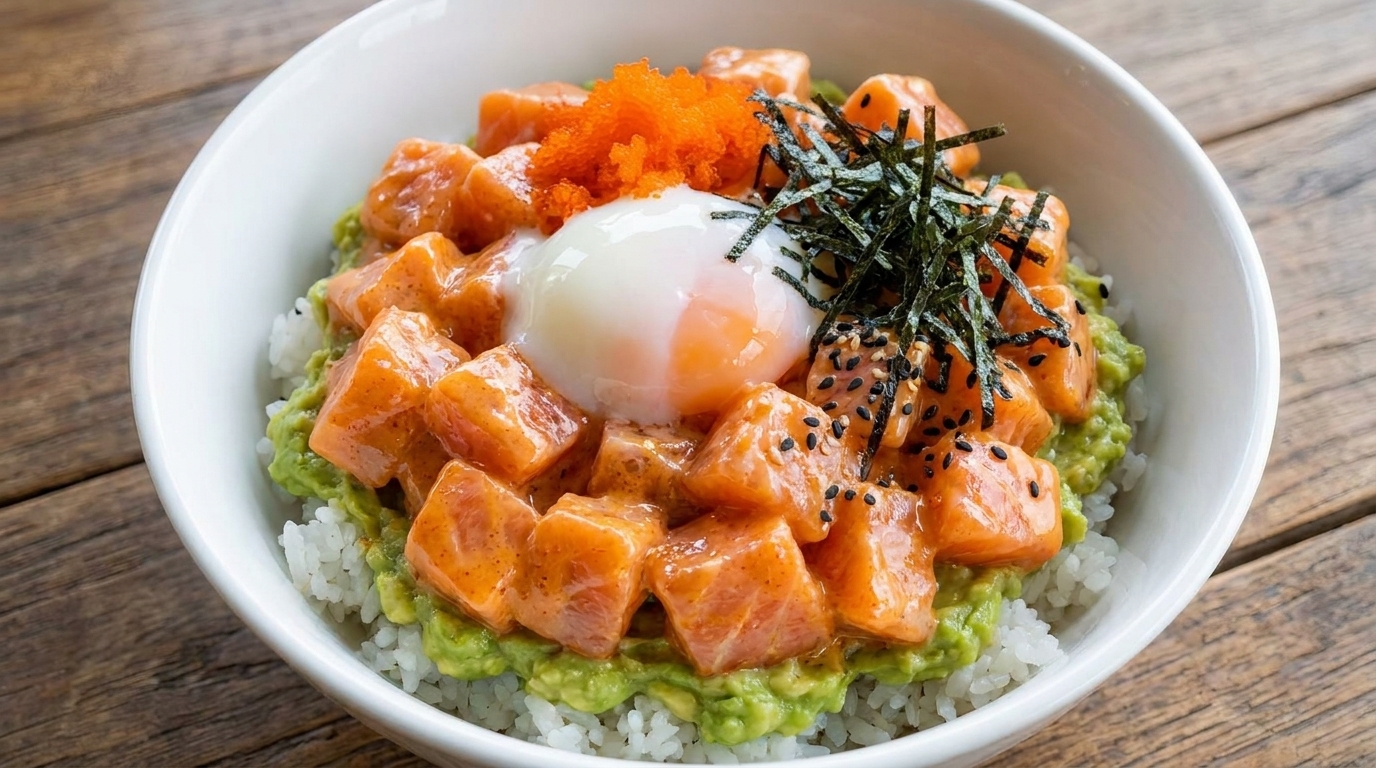 Bowl di Riso con Salmone Piccante, Avocado e Uovo Onsen