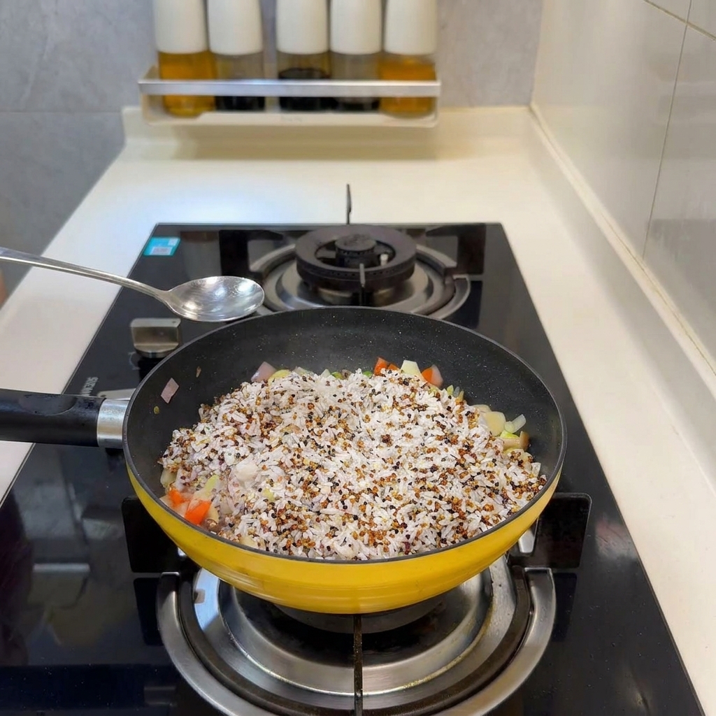 Un cucchiaio dargento sopra una padella gialla colma di riso e verdure pronto per aggiungere il condimento.