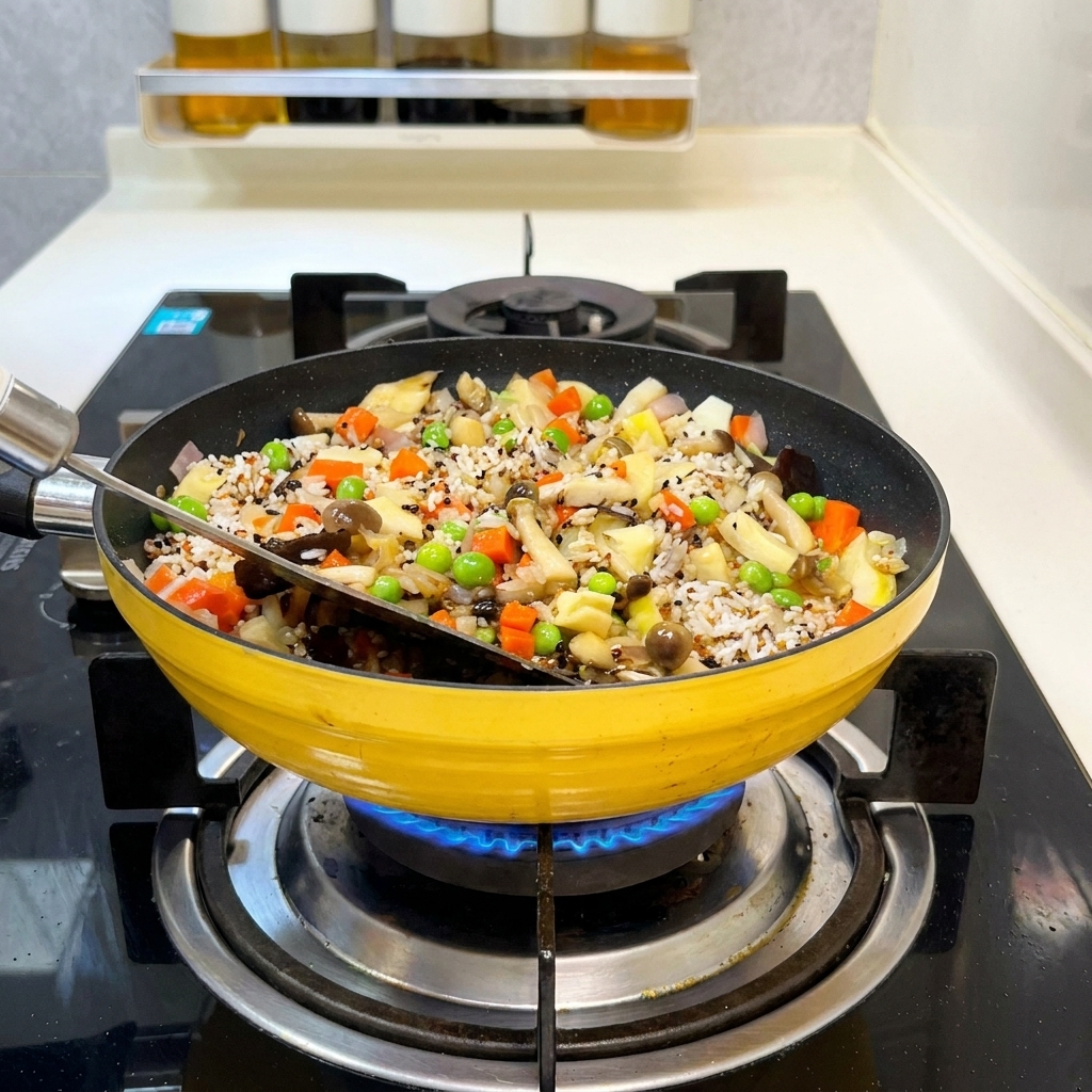 Una spatola nera mescola riso, quinoa, piselli, carote e funghi in una padella gialla su un fornello a gas.