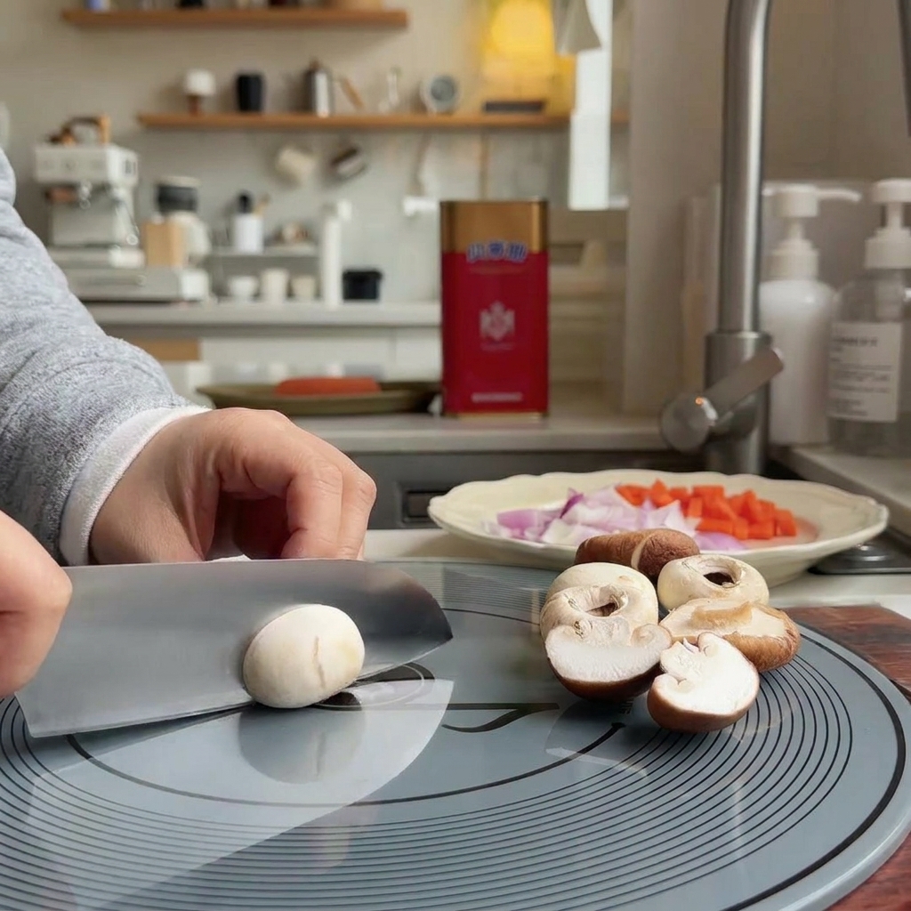 Una persona affetta funghi champignon bianchi con un coltello da chef su un tagliere grigio.