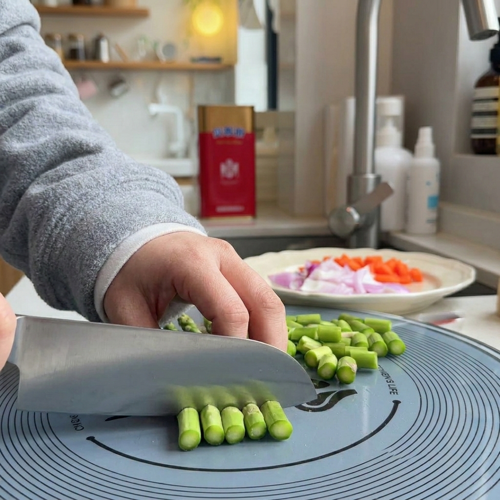 Gambi di asparagi verdi freschi tagliati a tocchetti su un tagliere da cucina.