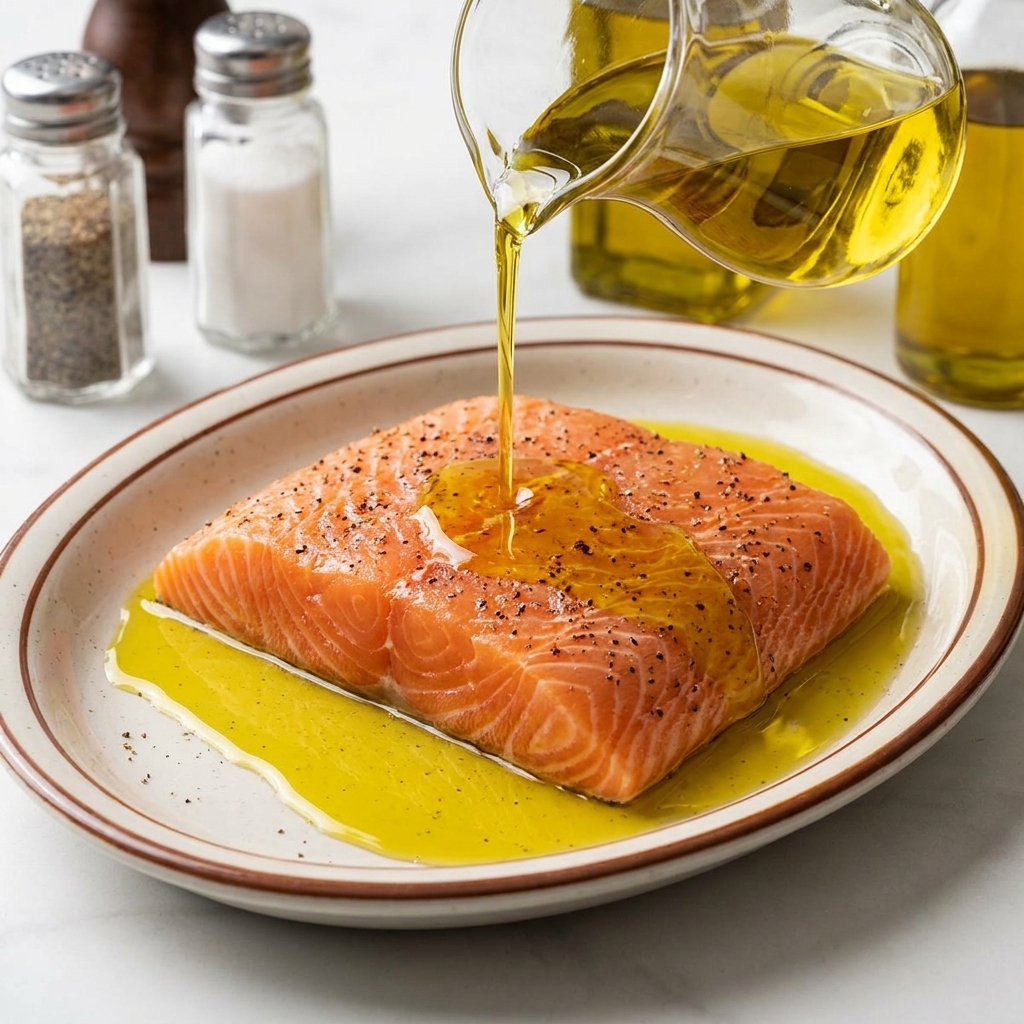 Olio doliva dorato versato su un filetto di salmone crudo condito con pepe nero.