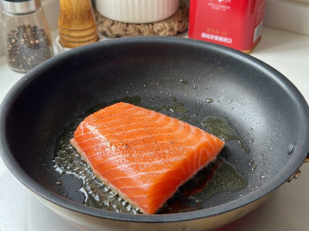 Un filetto di salmone che rosola in una padella calda con olio sfrigolante.
