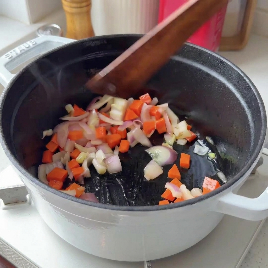 Carote a cubetti e cipolla rossa saltate con una spatola in una pentola di ghisa bianca.