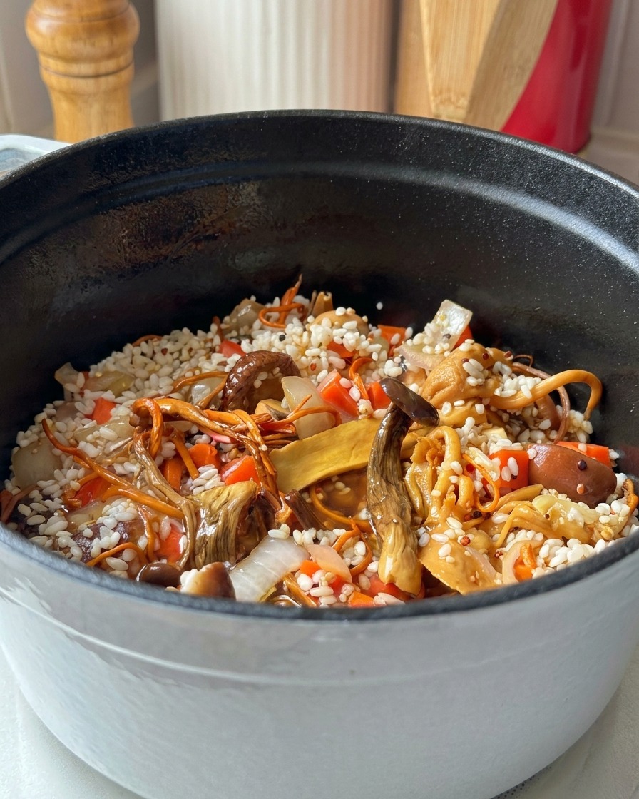 Acqua versata in una pentola di ghisa con riso, quinoa, carote e vari tipi di funghi.