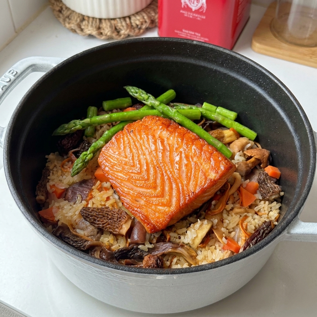 Filetto di salmone rosolato su un letto di riso cotto e funghi in una pentola di ghisa.