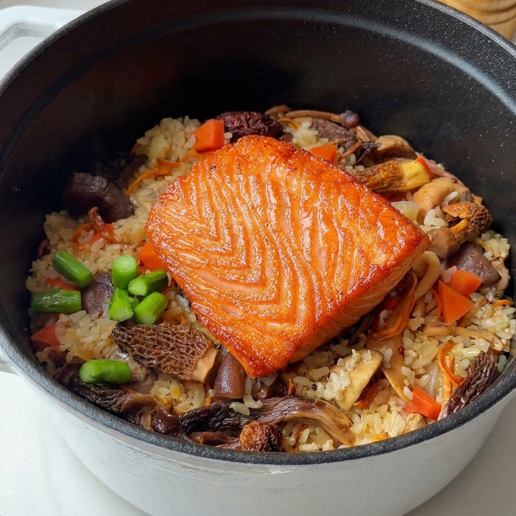 Filetto di salmone cotto al centro di una pentola di riso con asparagi verdi brillanti come guarnizione.