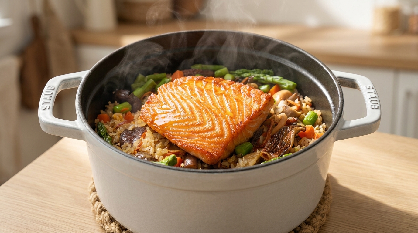Riso e Quinoa con Salmone, Funghi e Asparagi