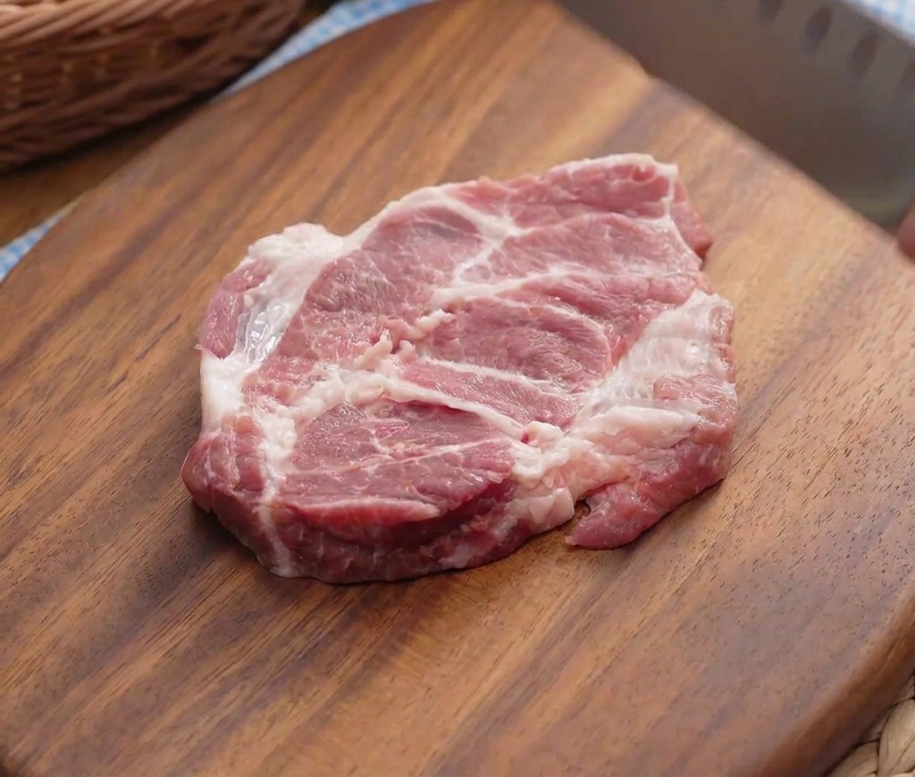 Un pezzo di carne di maiale colpito con il dorso di un coltello da chef su un tagliere di legno.