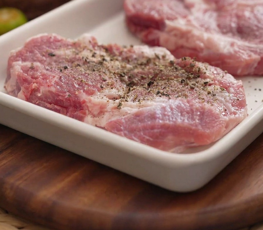 Pepe nero macinato fresco direttamente su braciole di maiale in un vassoio bianco rettangolare.