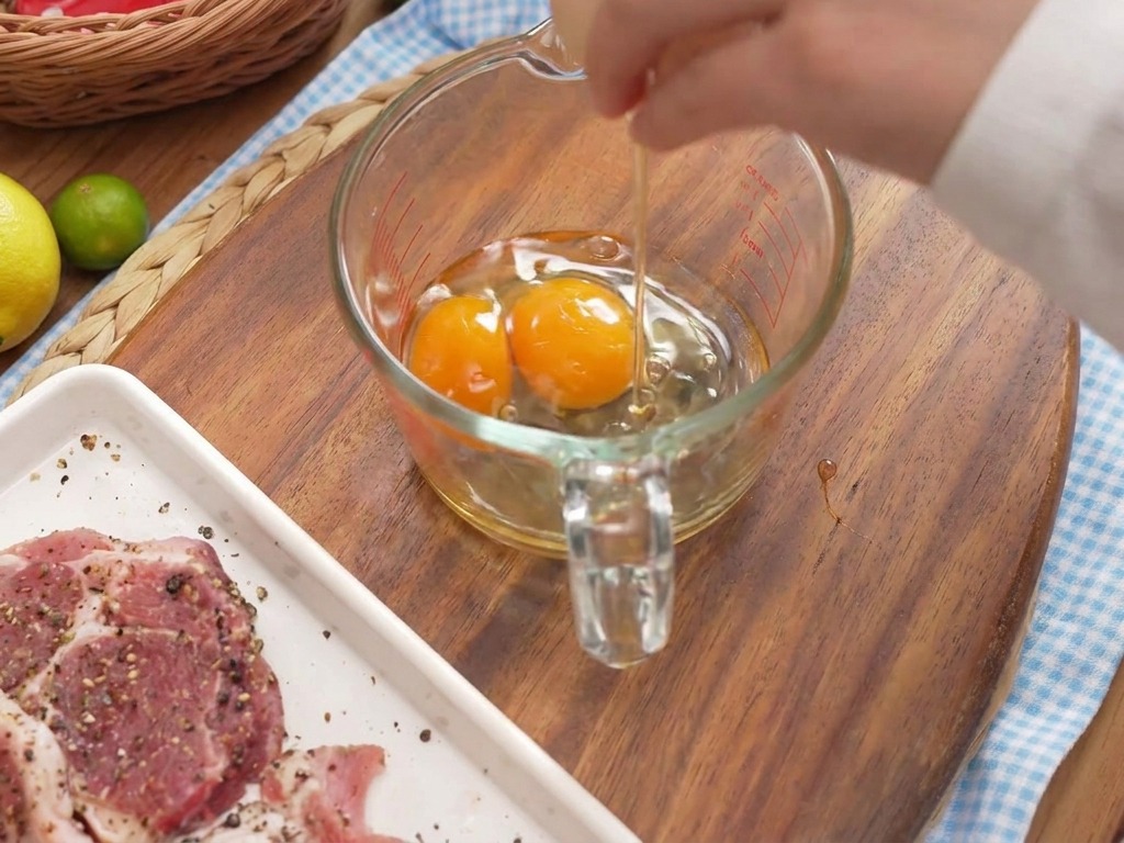 Una persona che rompe le uova in un misurino di vetro su un tagliere accanto ad utensili da cucina.