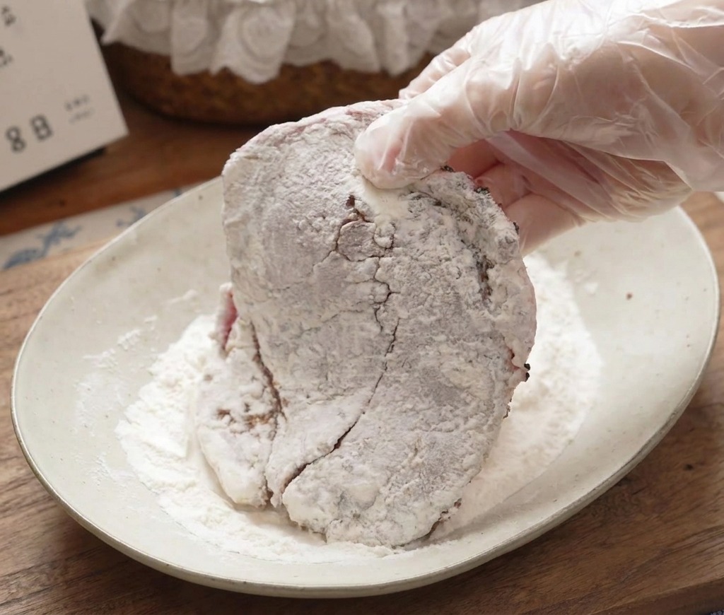 Una mano con un guanto di plastica che passa una braciola di maiale condita in un piatto di farina bianca.