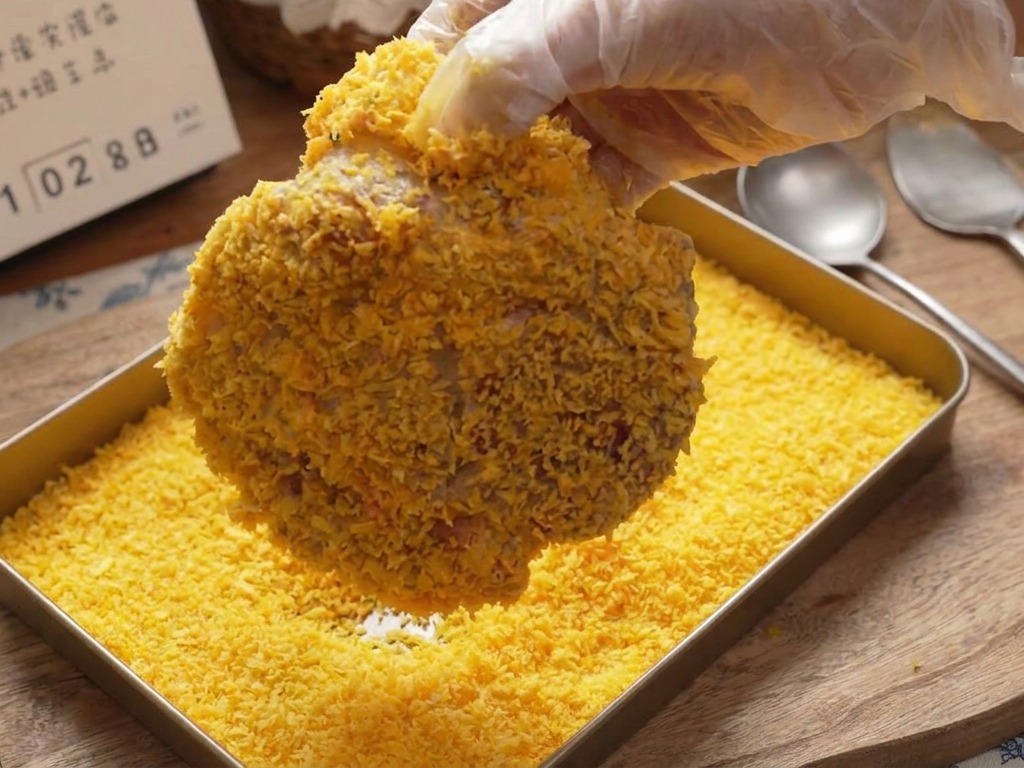 Una cotoletta di maiale premuta con forza in un vassoio di pangrattato dorato per creare una crosta spessa.