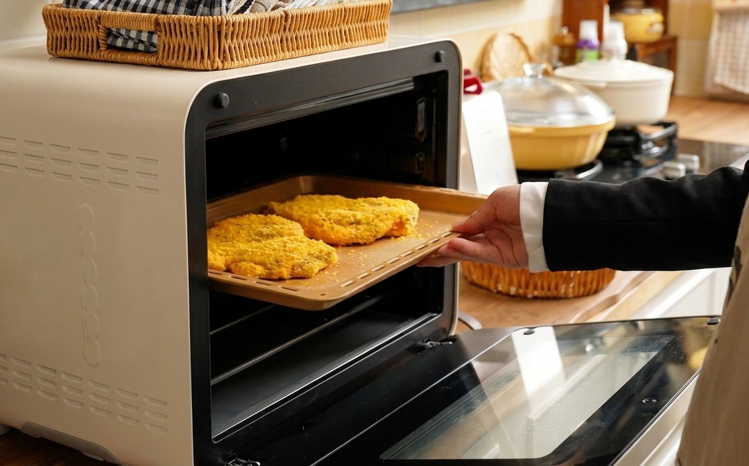 Una persona che inserisce una teglia con cotolette di maiale impanate in un fornetto color crema.