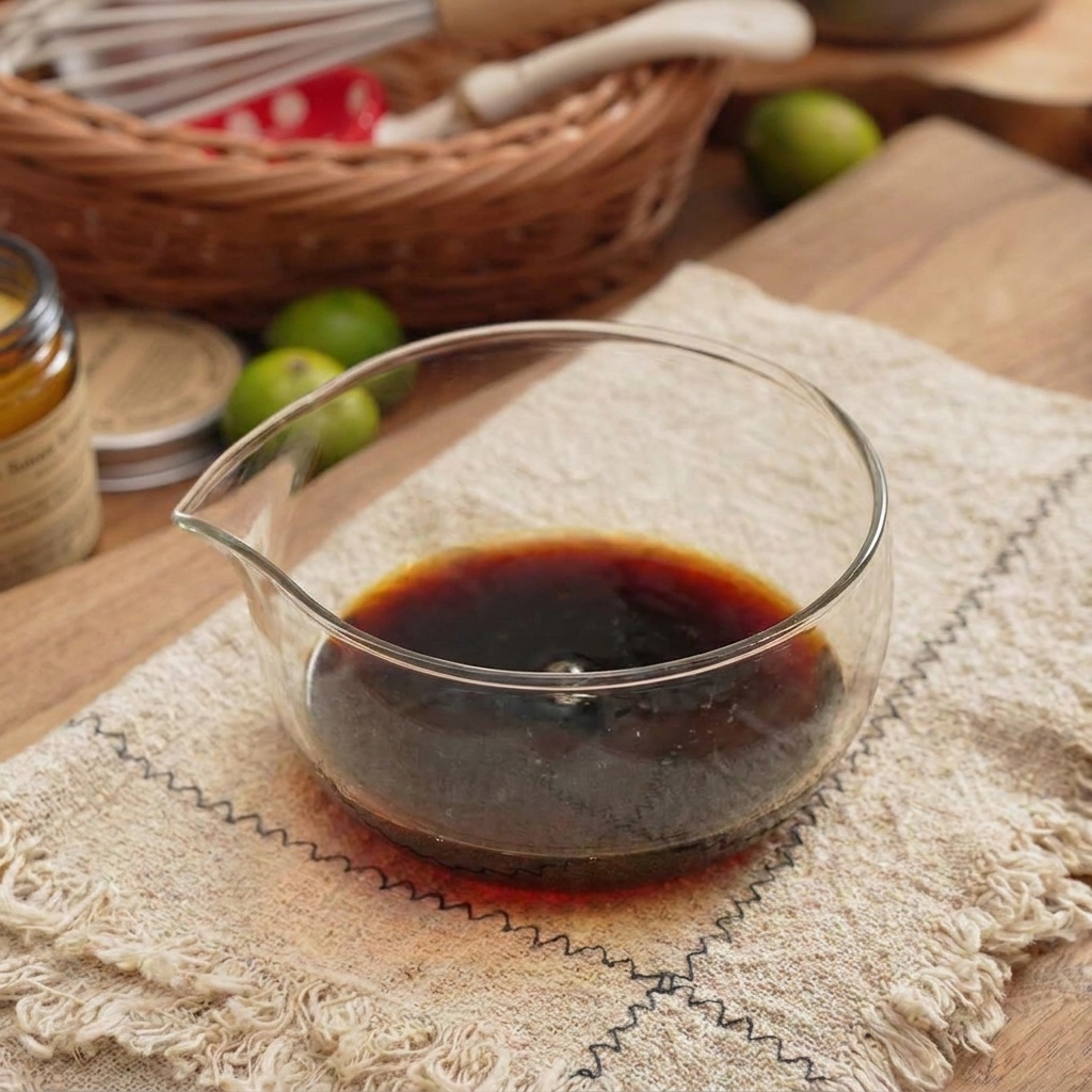 Una miscela di salsa scura a base di soia in una ciotola di vetro su un panno di lino beige.