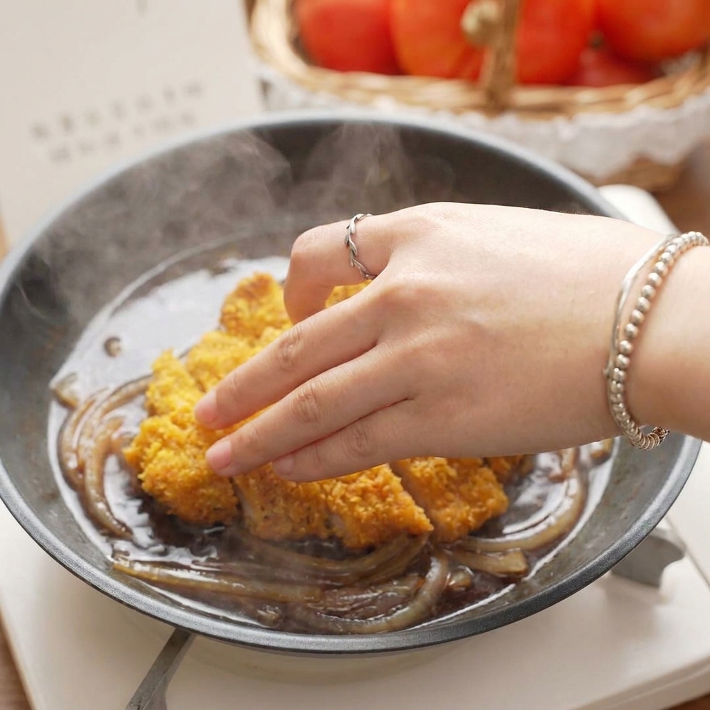 Una persona che posiziona il katsu di maiale croccante a fette su un letto di cipolle rosse in una padella nera.
