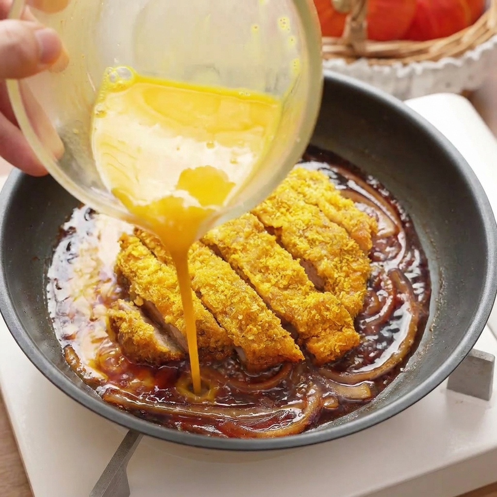 Uova sbattute che vengono versate da una ciotola in una padella intorno a una cotoletta di maiale dorata.