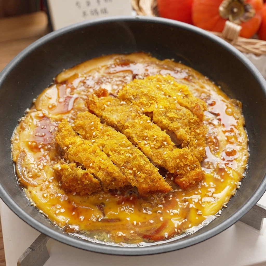 La cotoletta di maiale e luovo finiti in padella, guarniti con semi di sesamo e immersi in una salsa ricca.
